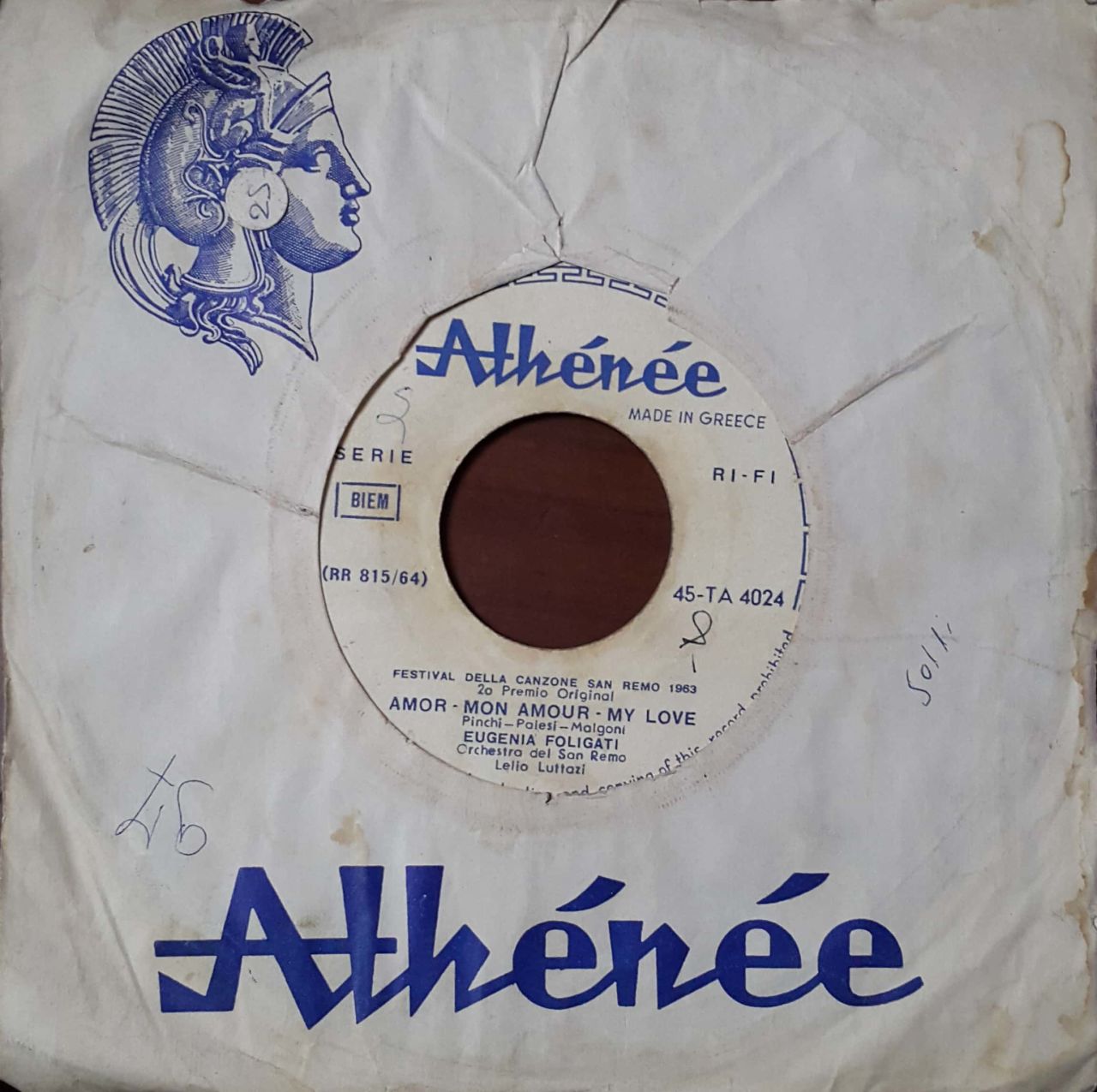 Athenee Amor-Mon Amour-My Love 45lik Plak
