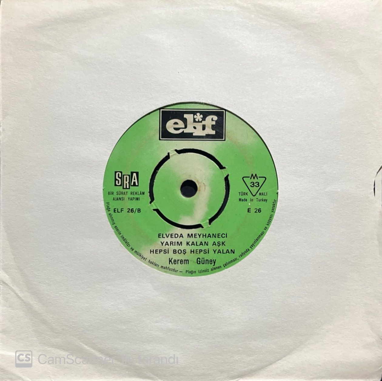 Kerem Güney Elveda Meyhaneci Mini Lp 45lik Plak