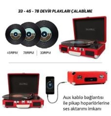*ÜCRETSİZ KARGO Record Master T310CH Şarj Özellikli Pikap - 33, 45, 78 Devir T310CH- KIRMIZI