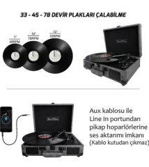 *ÜCRETSİZ KARGO Record Master ST14012 Gri-Siyah Retro Pikap Bluetooth ve Şarj Özellikli Özel Dış Kaplama Retro Pikap 33, 45, 78 Devir