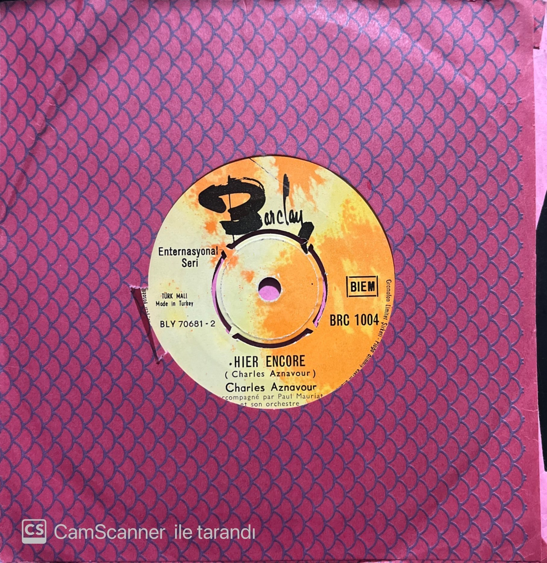 Charles Aznavour Hier Encore 45lik Plak