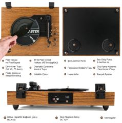 ÜCRETSİZ KARGO Record Master RM-242L Retro Pikap Bluetooth Özellikli Tüm Plakları Çalabilen Pikap  33, 45, 78 Devir