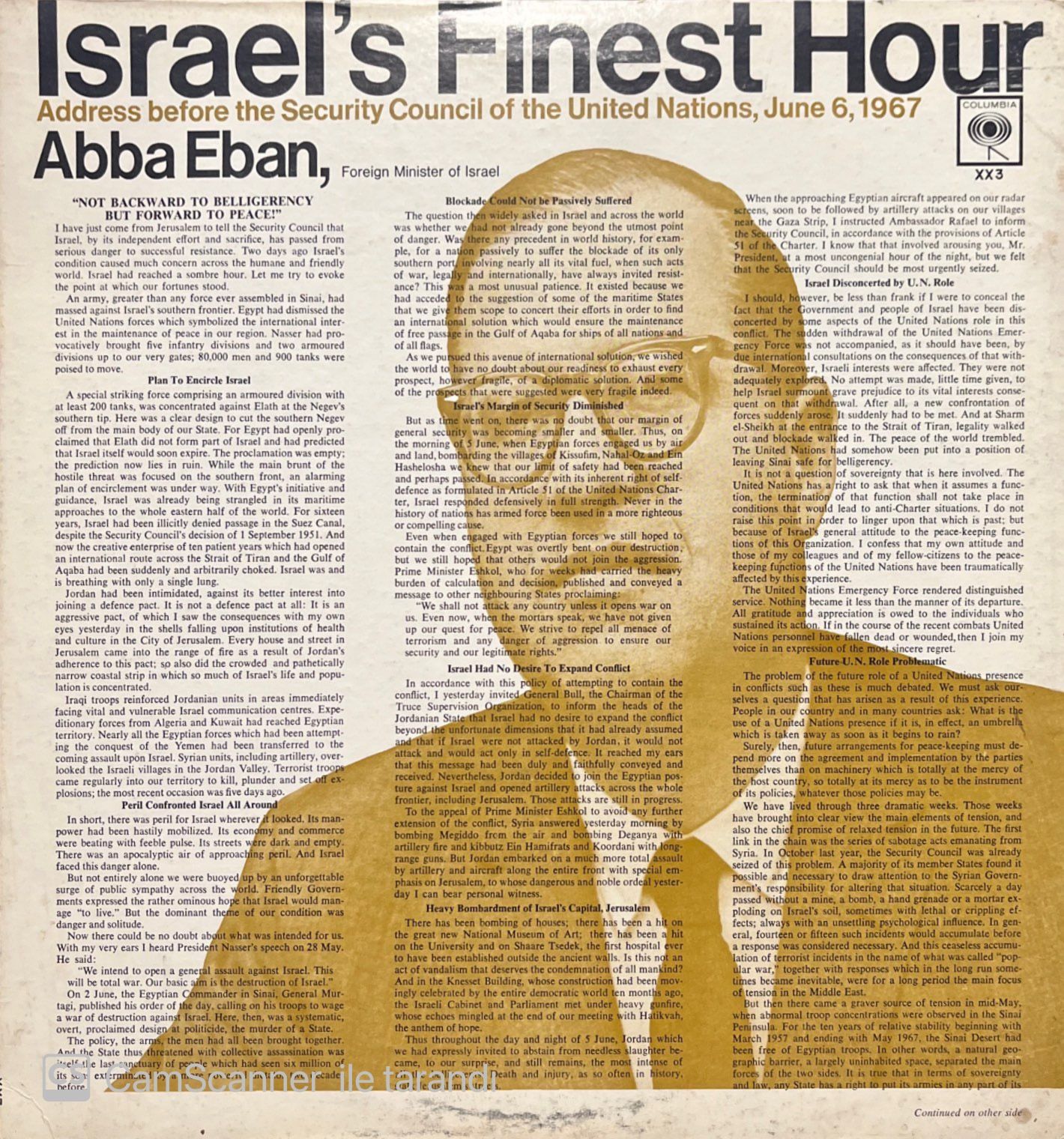 Abba Eban Israel's Finest Hour LP Plak