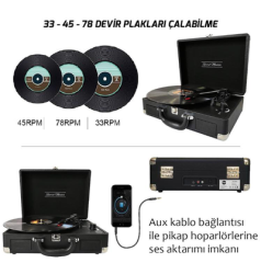 *ÜCRETSİZ KARGO Record Master T310CH Şarj Özellikli Pikap - 33, 45, 78 Devir T310CH- Siyah